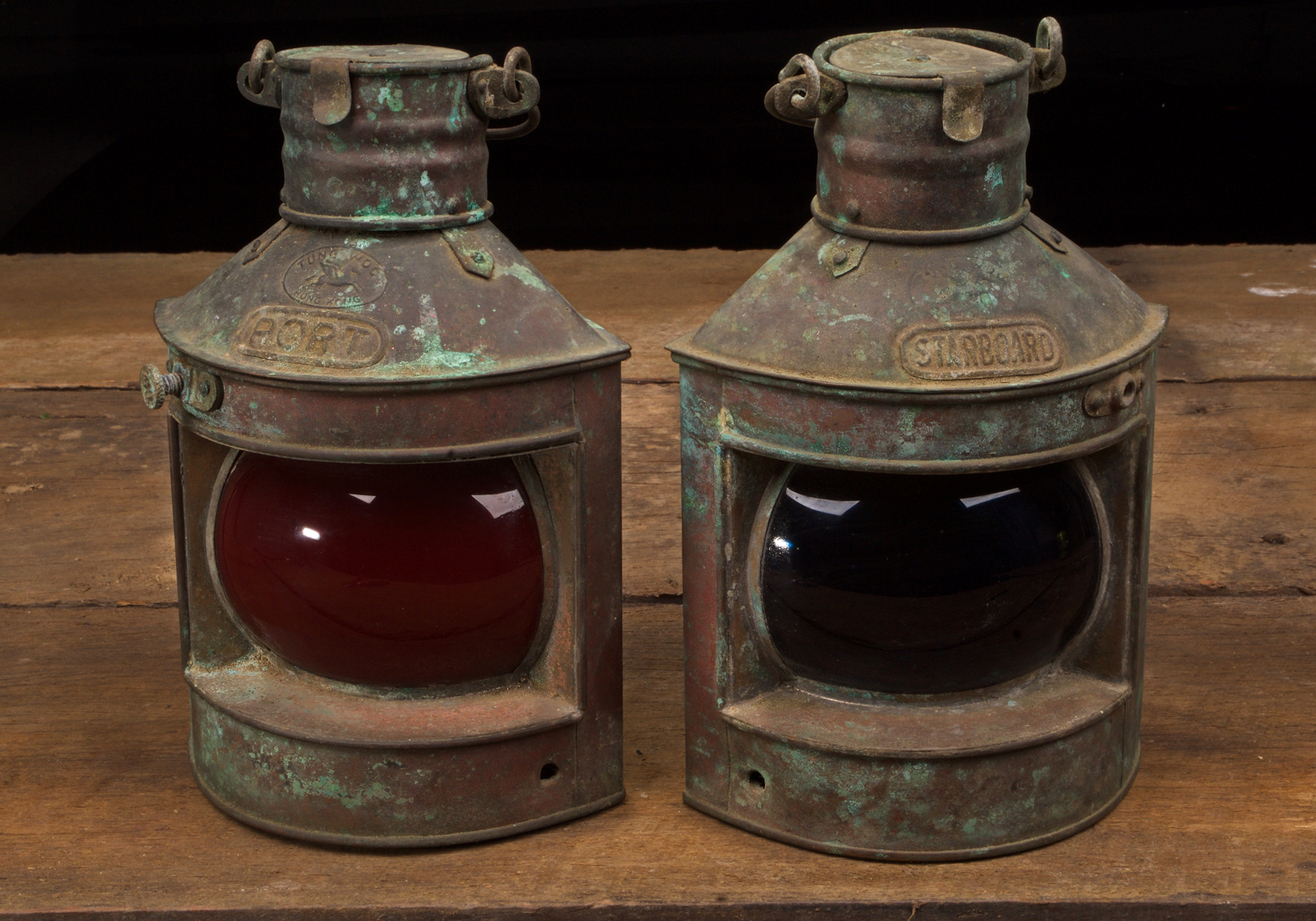  VINTAGE MATCHING PAIR OF CHINESE PORT & STARBOARD COPPER & BRASS LANTERNS